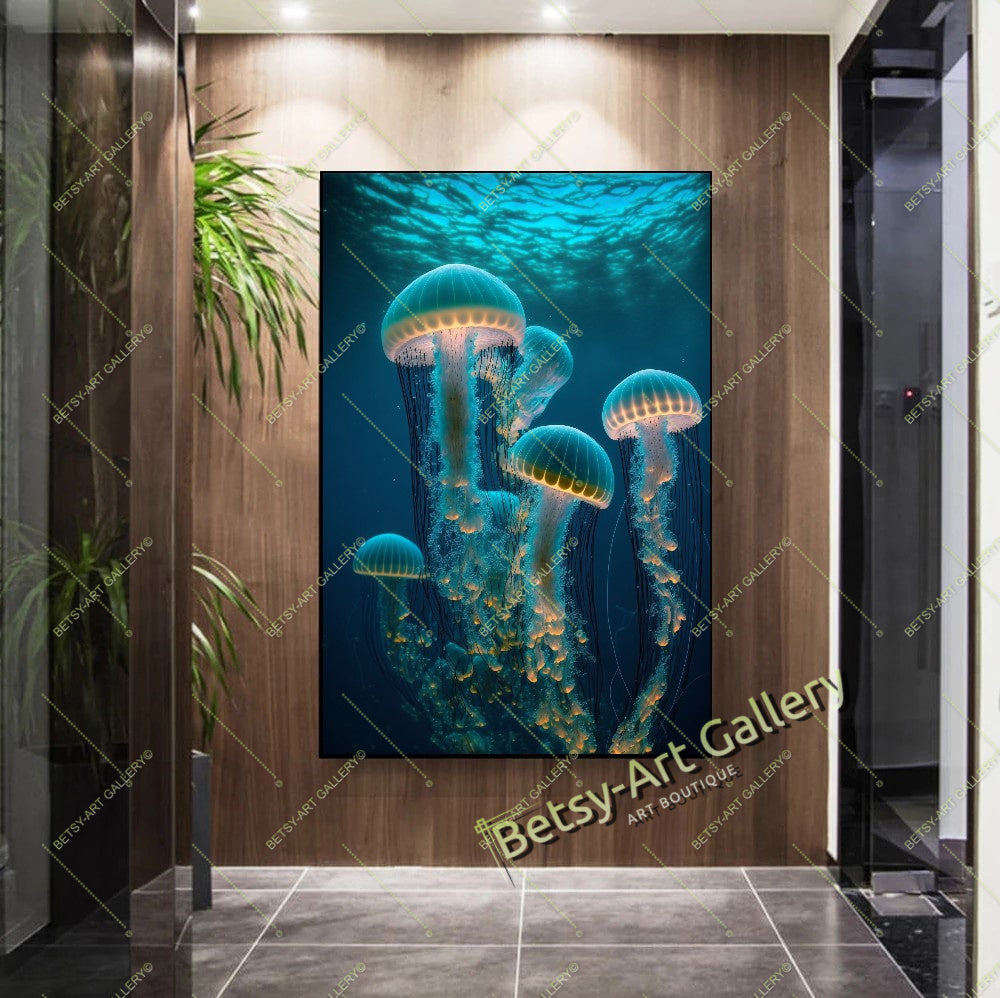 Blue Jellyfish Canvas Print - Underwater Sea Life Wall Art Decor