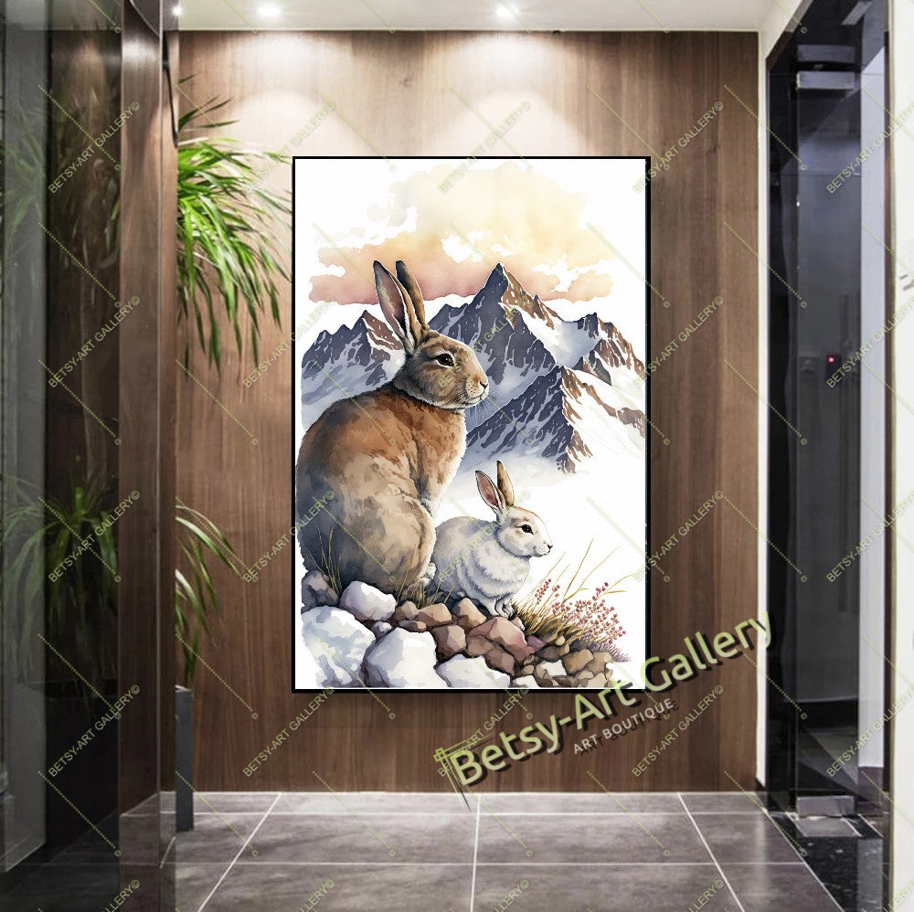 Rabbit Art Print on Canvas - Alpine Mountain Landscape Painting