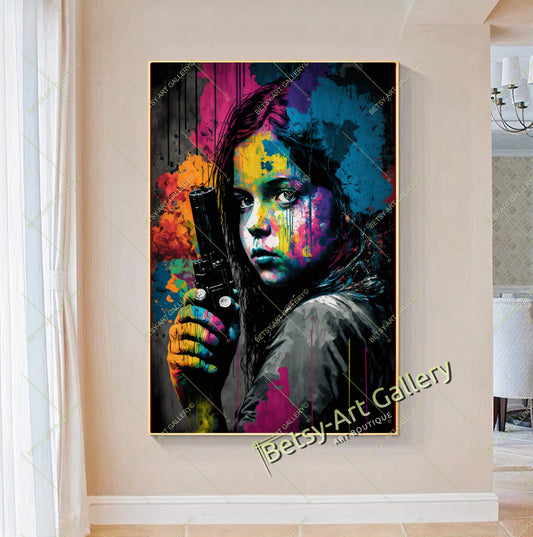 Vibrant Abstract Girl with Gun Canvas Print - Contemporary Wall Decor