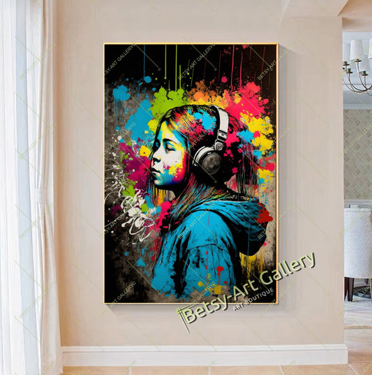 Vibrant Abstract Girl with Gun Canvas Print - Contemporary Wall Decor