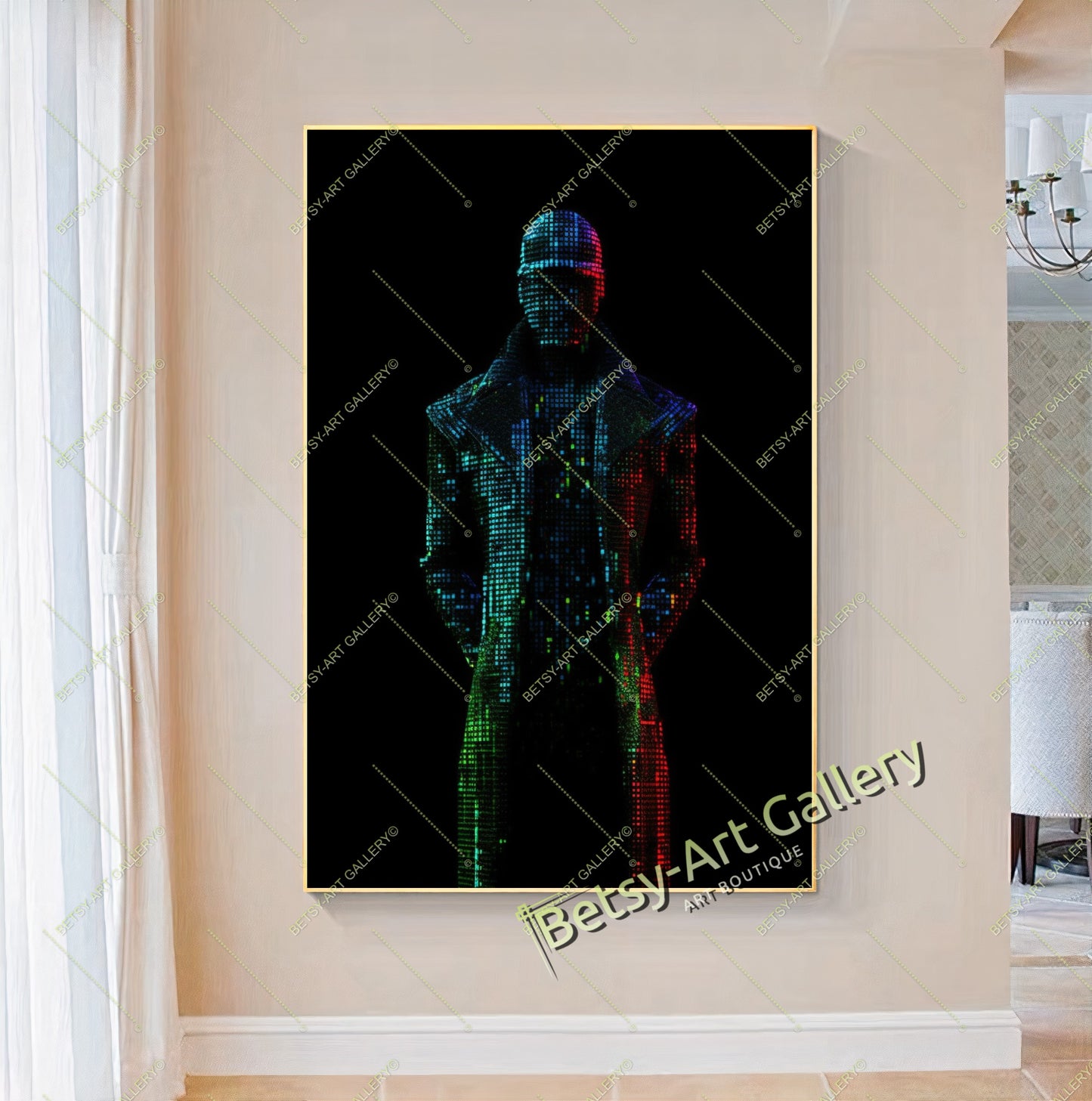 Glitch Effect Portrait Print on Canvas - Neon Pixel Wall Decor