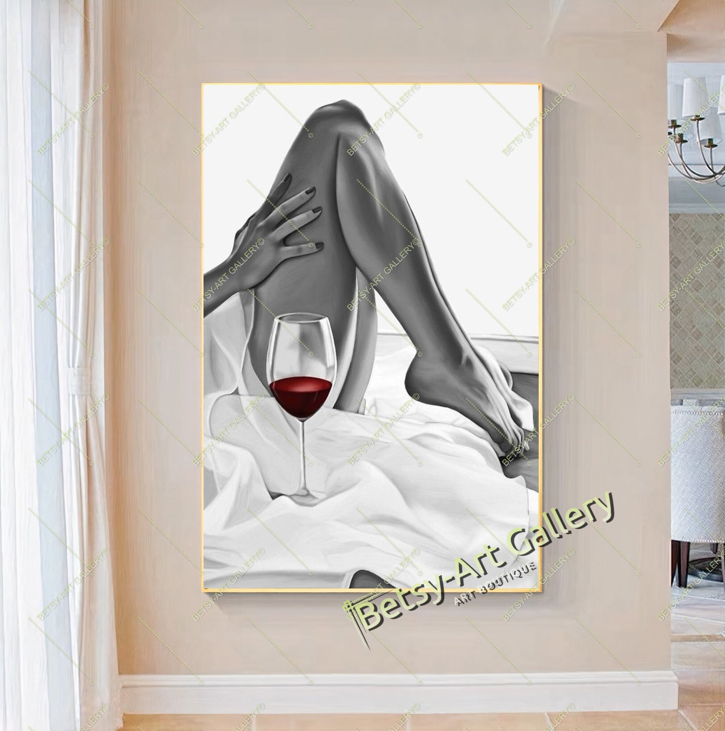Woman Legs with Wine Canvas Print, Elegant Feminine Wall Art