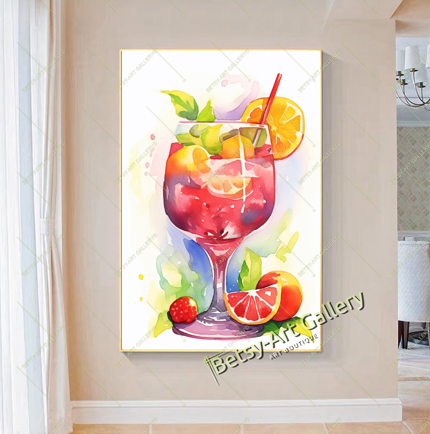 Watercolor Cocktail Glass Canvas Print, Colorful Drink Art