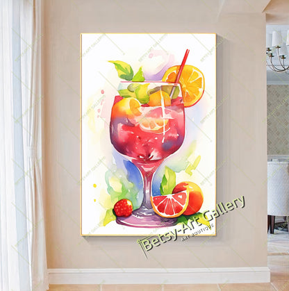 Watercolor Cocktail Glass Canvas Print, Colorful Drink Art