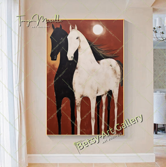 Abstract Black and White Horses Canvas Print - Minimalist Equine Art