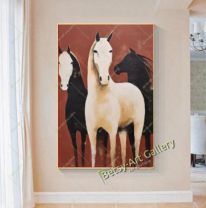 Abstract Black and White Horses Canvas Print - Minimalist Equine Art