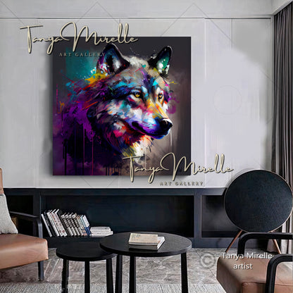 Colorful Wolf Art Print on Canvas – Modern Abstract Animal Wall Art