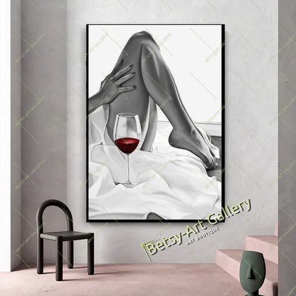 Woman Legs with Wine Canvas Print, Elegant Feminine Wall Art
