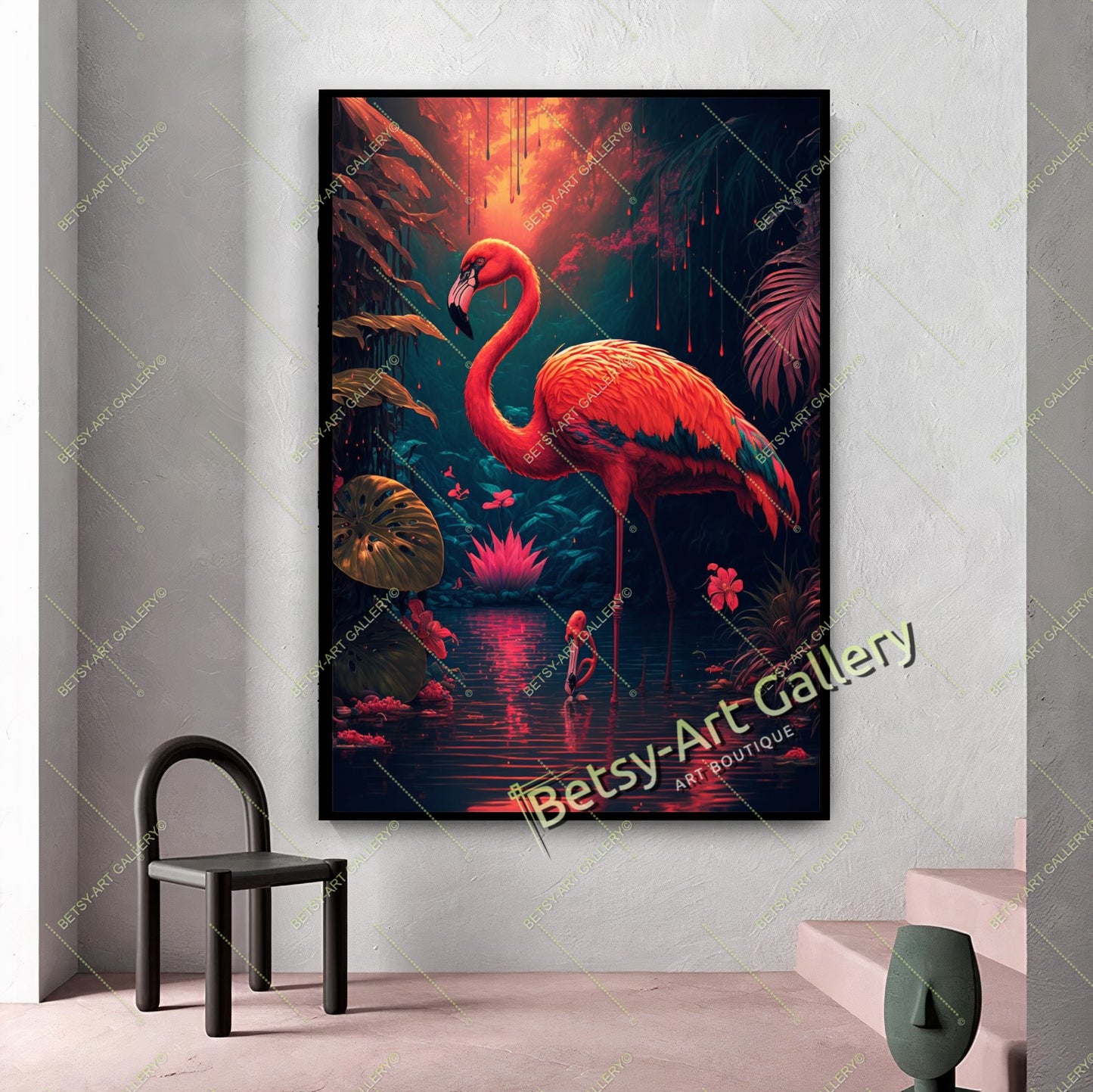 Jungle Pink Flamingo Canvas Print, Tropical Bird Wall Art
