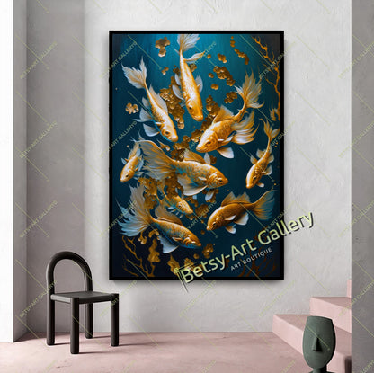 Gold Abstract Koi Fish Canvas Print - Elegant Fish Wall Art
