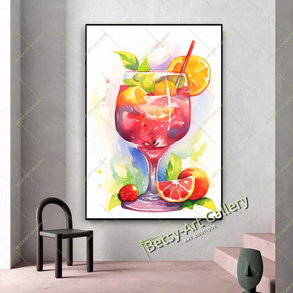 Watercolor Cocktail Glass Canvas Print, Colorful Drink Art