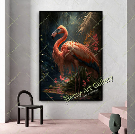 Jungle Pink Flamingo Canvas Print, Tropical Bird Wall Art
