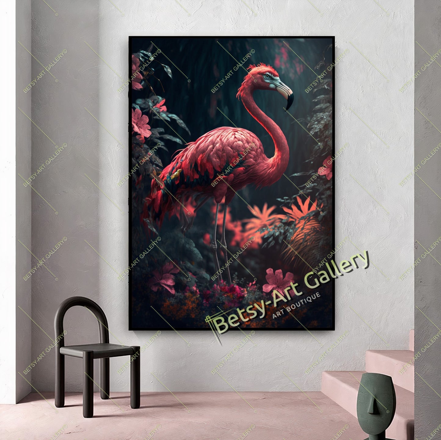 Jungle Pink Flamingo Canvas Print, Tropical Bird Wall Art