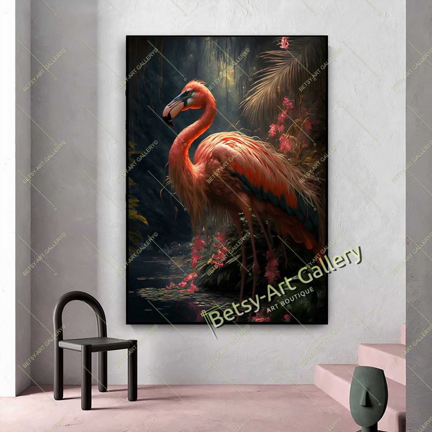 Jungle Pink Flamingo Canvas Print, Tropical Bird Wall Art