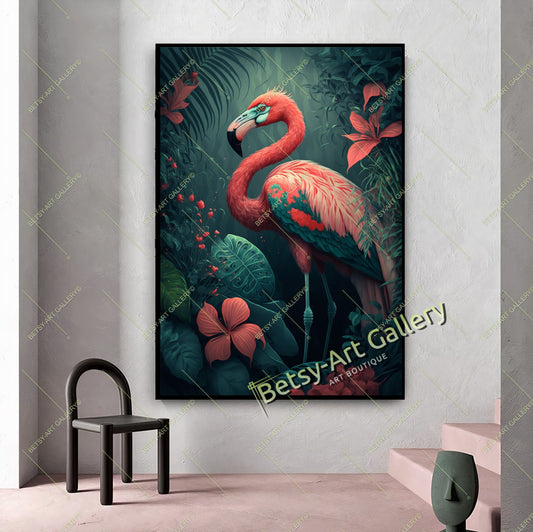 Jungle Pink Flamingo Canvas Print, Exotic Flamingo Wall Art