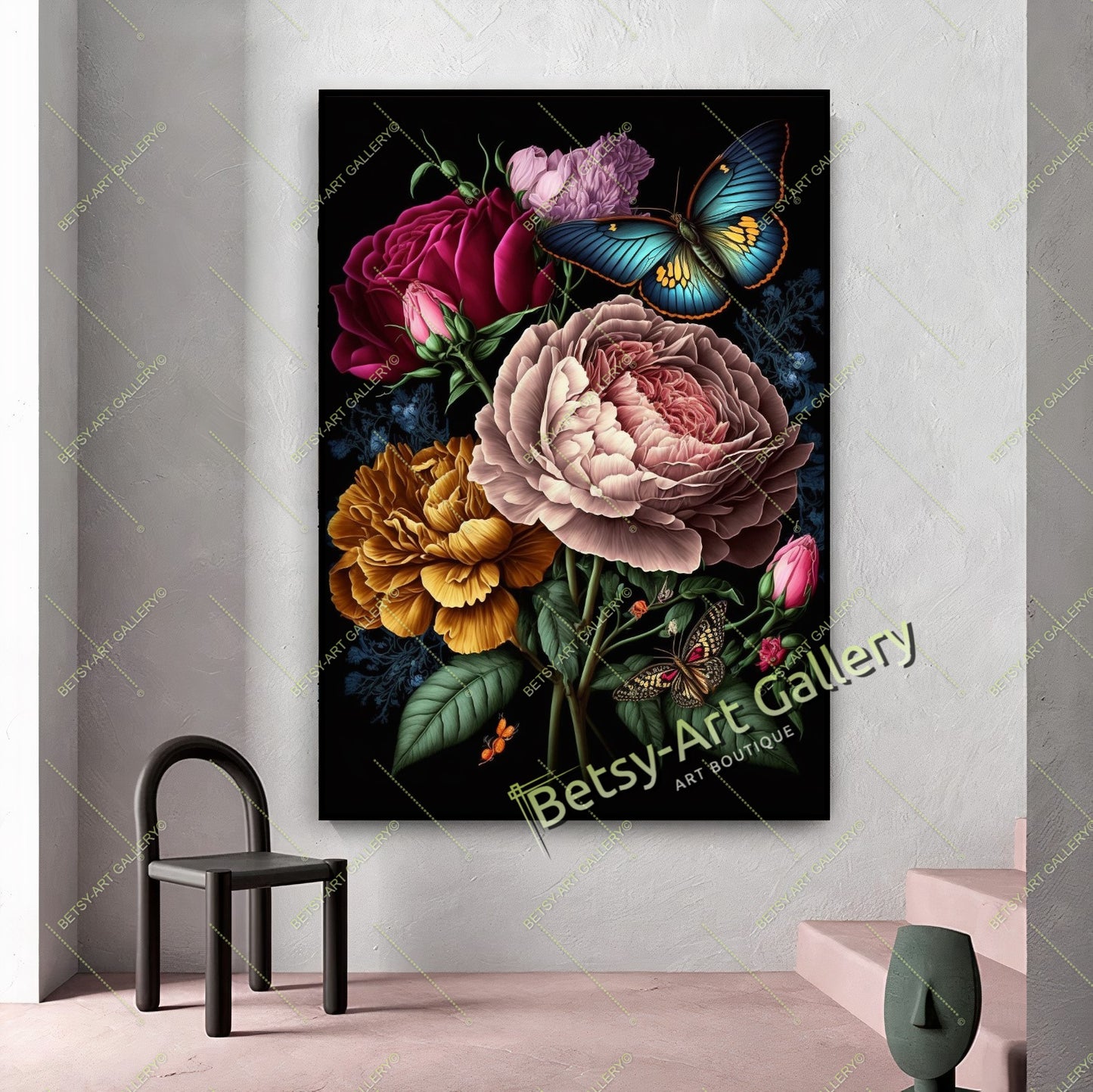 Cozy Floral Nature Canvas Print, Bee and Butterfly Wall Ar