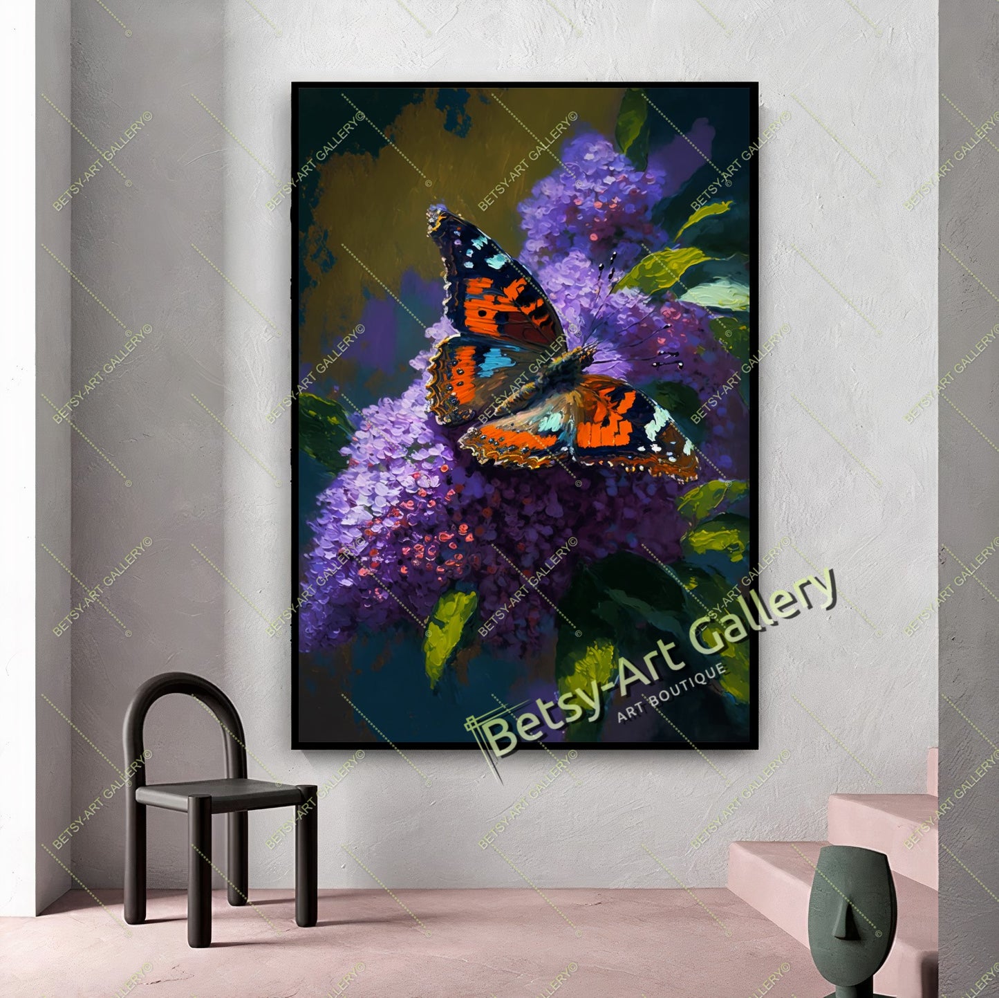 Cozy Floral Nature Canvas Print, Bee and Butterfly Wall Ar