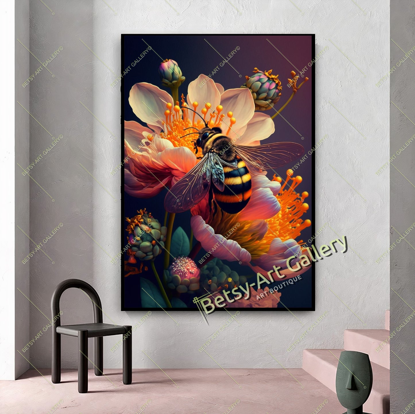 Cozy Floral Nature Canvas Print, Bee and Butterfly Wall Ar