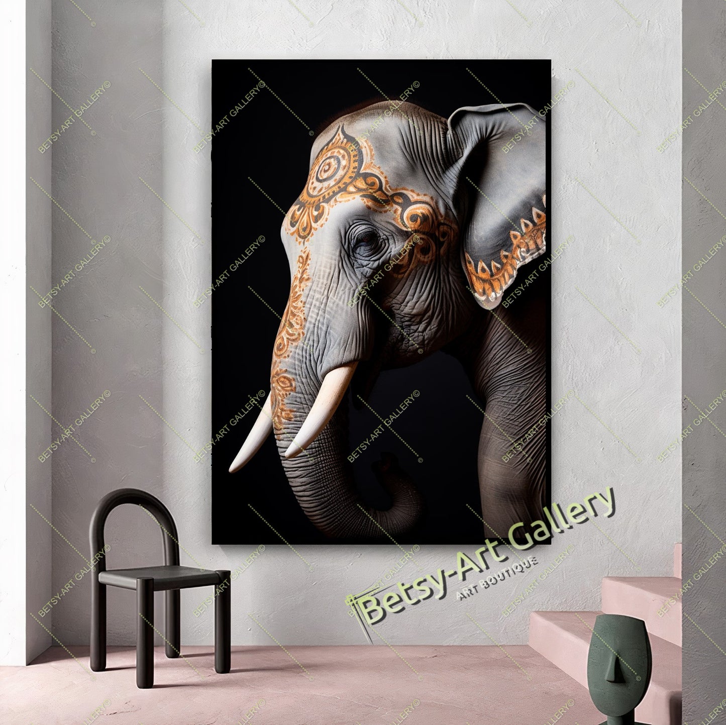 Tattooed Elephant Canvas Print, Bohemian Wall Art Decor