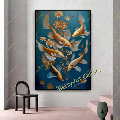 Gold Abstract Koi Fish Canvas Print - Elegant Fish Wall Art