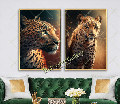 Jungle Puma and Leopard Canvas Print, Wild Cats Wall Art