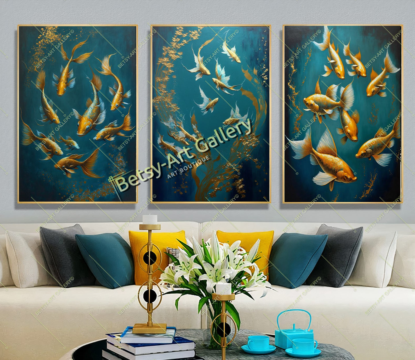 Gold Abstract Koi Fish Canvas Print - Elegant Fish Wall Art
