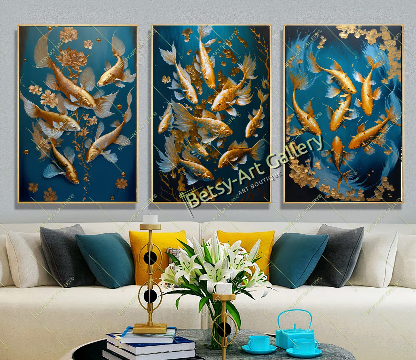 Gold Abstract Koi Fish Canvas Print - Elegant Fish Wall Art