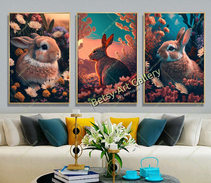 Floral Rabbit Canvas Print, Bunny Wall Art