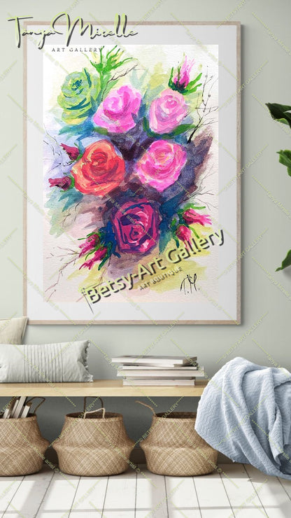 Original Watercolor Painting Garden Roses Wall Art, No Frame abstract expressionism art print birthday gift blooming garden art botanical print colorful painting floral art floral painting garden painting gift for mom mediterranean art modern art modern wall art nature painting olive garder art paper painting small painting wall art home decor watercolor floral watercolor flowers watercolor landscape watercolor painting