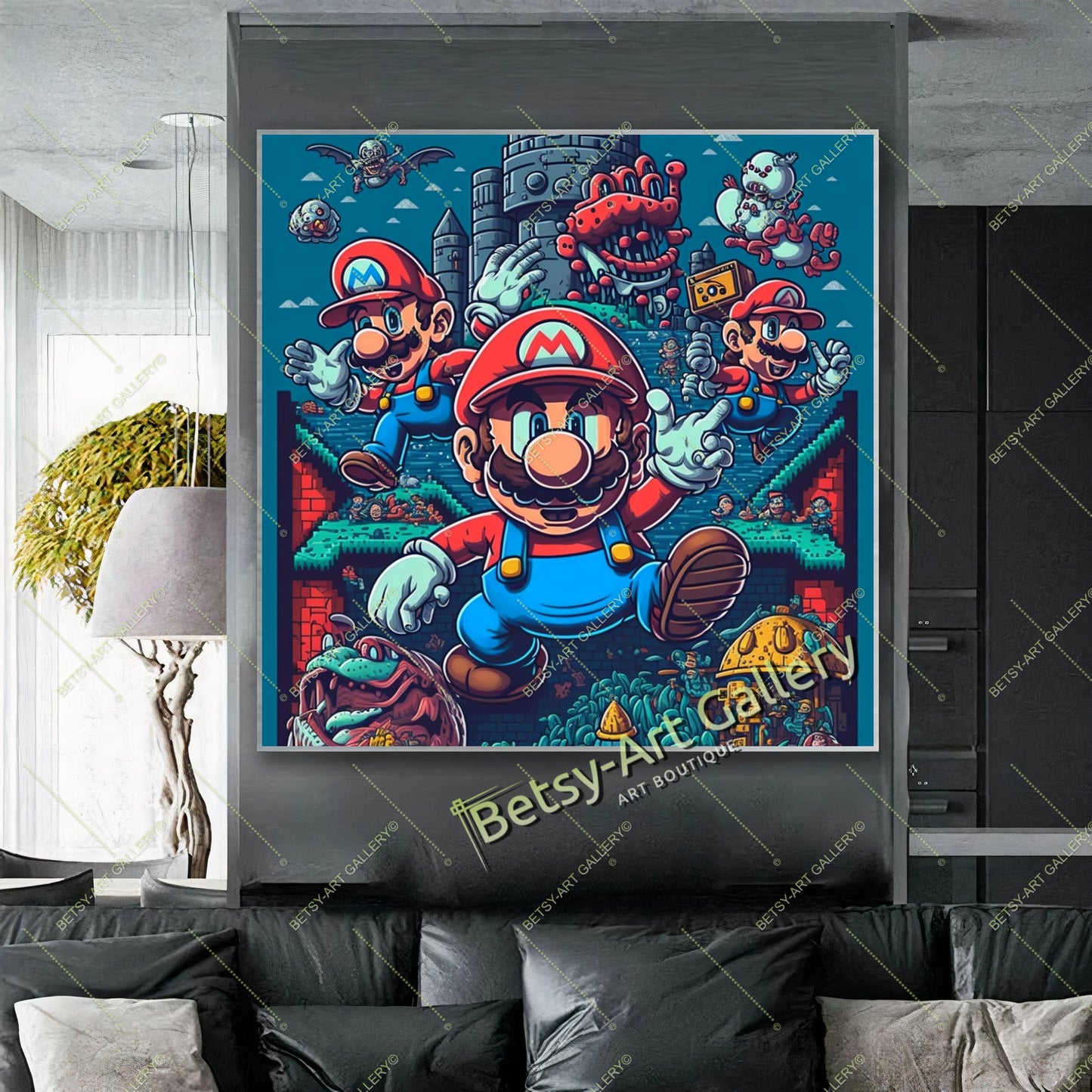 Retro Mario 80s Canvas Print, Vintage Video Game Wall Art
