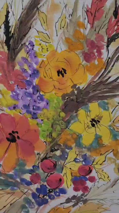 Watercolor Autumn Wild Flowers Painting, Botanical Wall Art No Frame