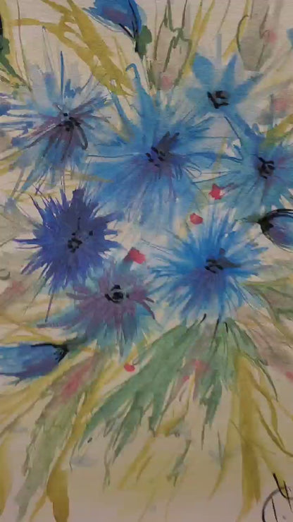 Original Watercolor Cornflowers Painting, Botanical Wall Art No Frame