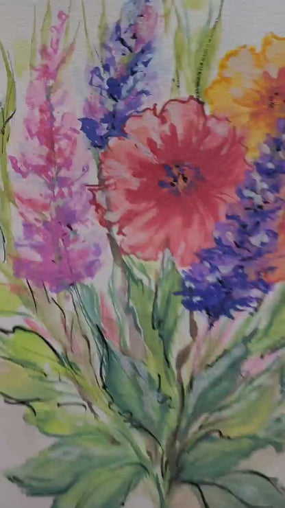 Watercolor Garden Flowers Painting, Botanical Wall Art No Frame