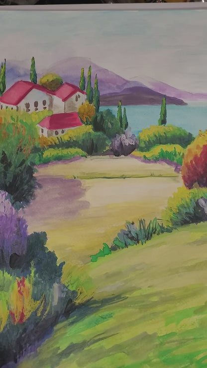 Vibrant Mediterranean Landscape Watercolor Painting, No Frame