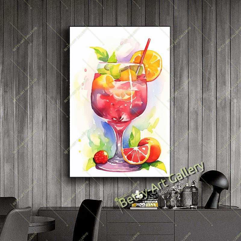 Watercolor Cocktail Glass Canvas Print, Colorful Drink Art