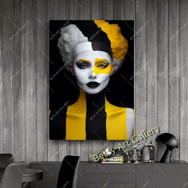 Black Yellow Woman Abstract Face Fashion Canvas Print art gift boho decor bold character design bold wall print canvas print canvas wall art contemporary artwork giclée prints large canvas print large wall art modern art print modern room decor modern wall art original pop culture art pop art canvas print print on canvas statement piece stretched canvas art unique wall art vibrant home decor wall art prints