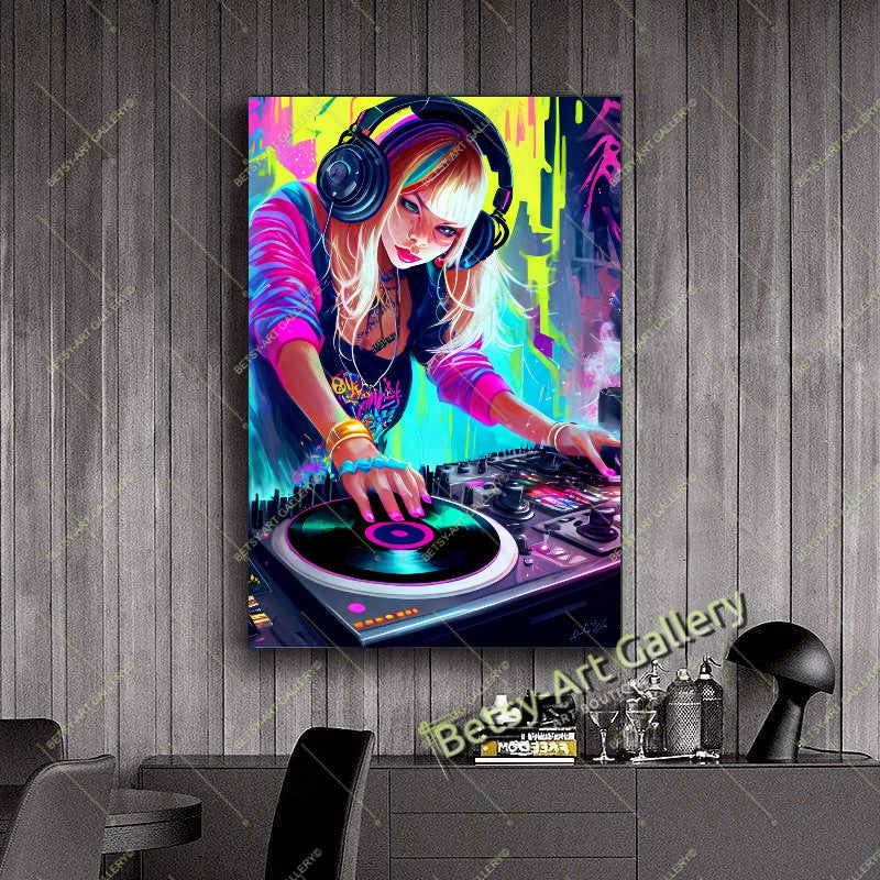 Neon DJ Girl Wall Art - Modern Otaku Room Decor