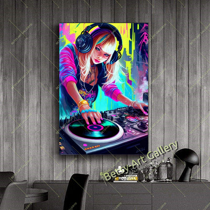 Neon DJ Girl Wall Art - Modern Otaku Room Decor