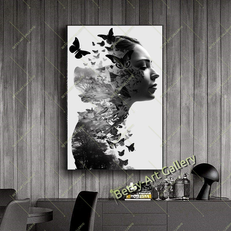 Black White Woman with Butterfly on Head Canvas Print