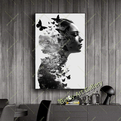Black White Woman with Butterfly on Head Canvas Print