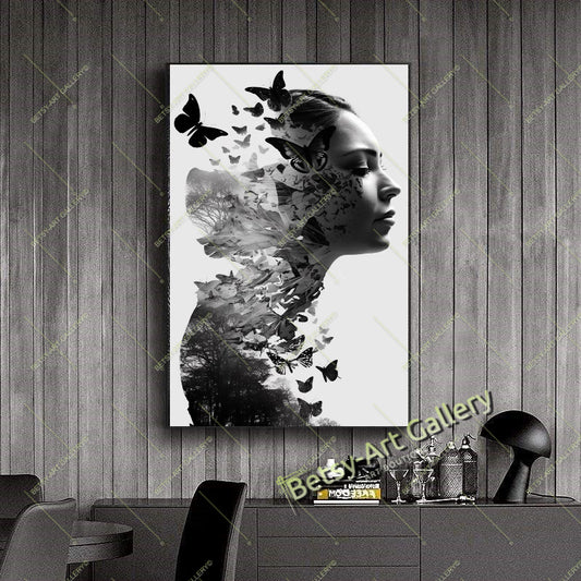 Black White Woman with Butterfly on Head Canvas Print