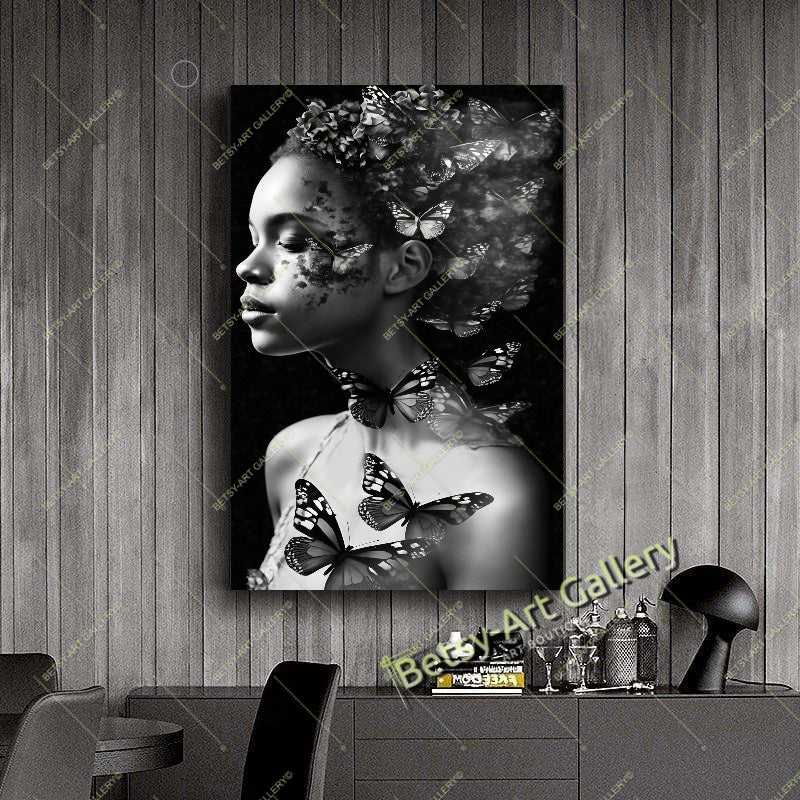 Black White Woman with Butterfly on Head Canvas Print