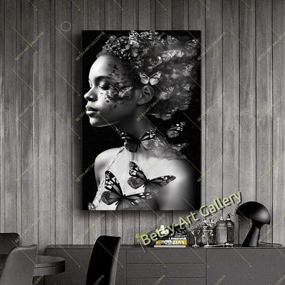 Black White Woman with Butterfly on Head Canvas Print