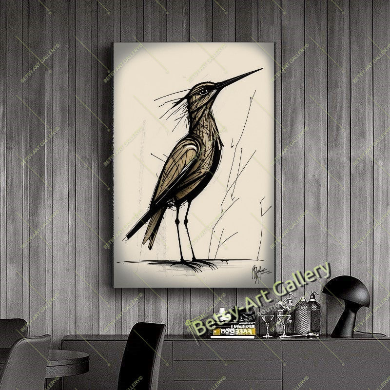 Pencil Bird Drawing Canvas Print, Minimalist Bird Sketch Art