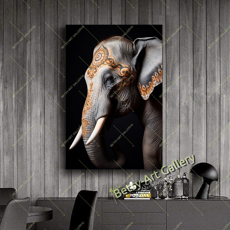 Tattooed Elephant Canvas Print, Bohemian Wall Art Decor