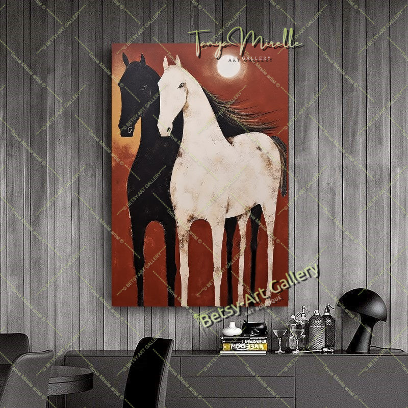 Abstract Black and White Horses Canvas Print - Minimalist Equine Art