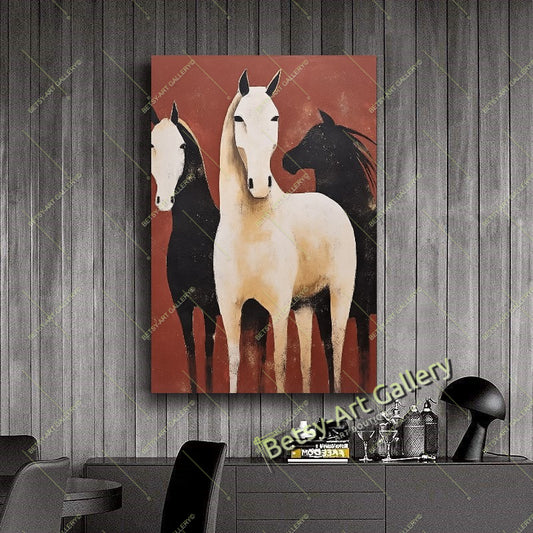 Abstract Black and White Horses Canvas Print - Minimalist Equine Art