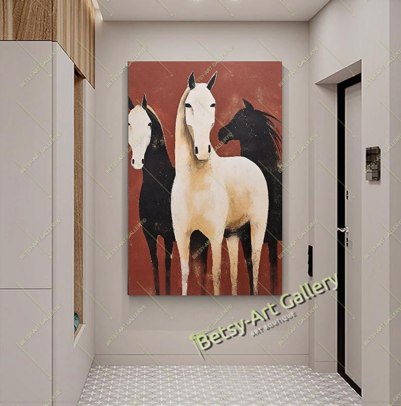 Abstract Black and White Horses Canvas Print - Minimalist Equine Art