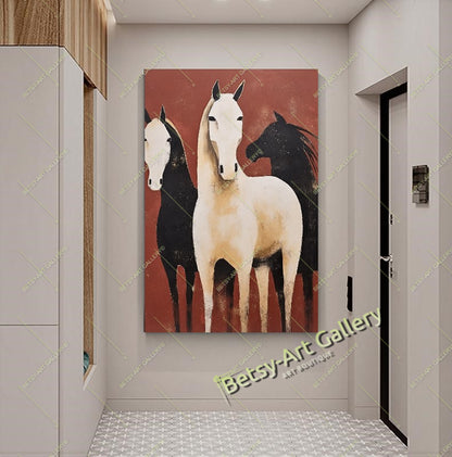 Abstract Black and White Horses Canvas Print - Minimalist Equine Art