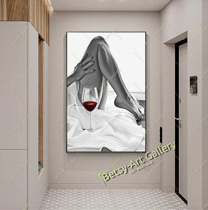 Woman Legs with Wine Canvas Print, Elegant Feminine Wall Art